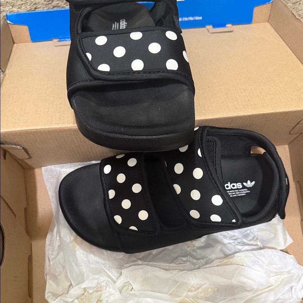 adidas Black Sandals with White Polka Dot Straps for Kids